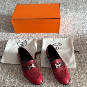 Hermes Red Leather Loafers for Women